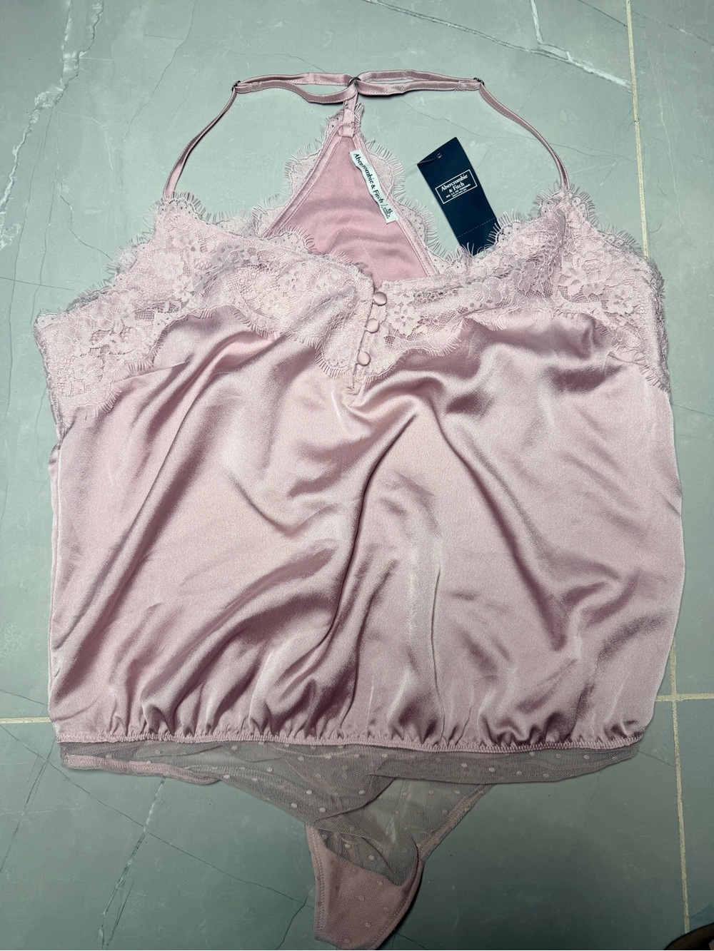 Abercrombie & Fitch Pink Satin Lace-Trim Camisole Bodysuit